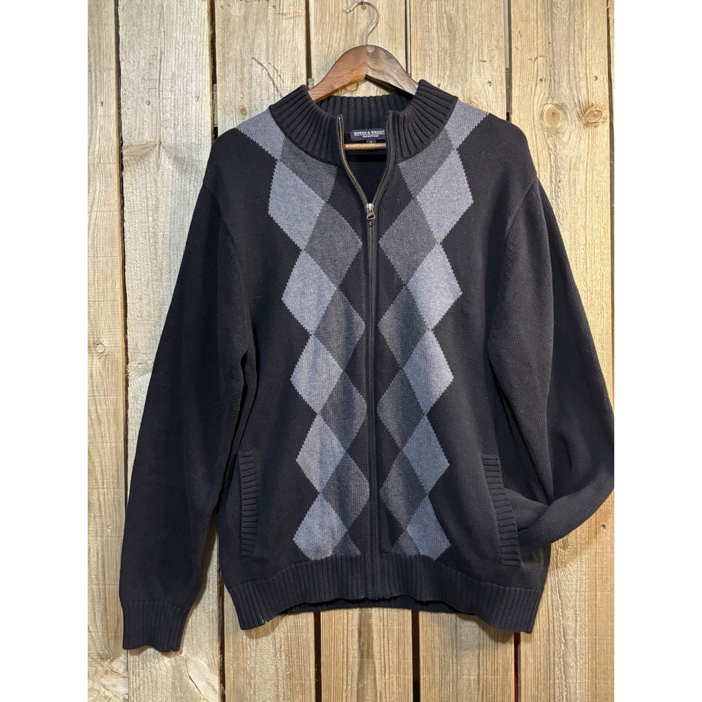 Boven &‎ Wright Mens L Argyle Zip Up Sweater Black Gray Mock Neck Cotton